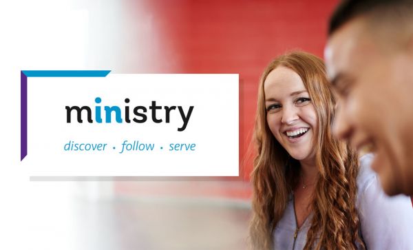 A woman next to a logo saying: ministry - discover, follow, serve.