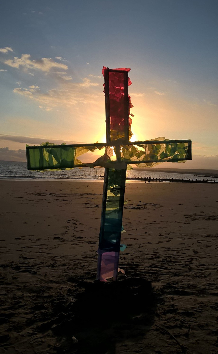 Handcrafted cross erected on Portobello beach at the Easter Sunday sunrise service