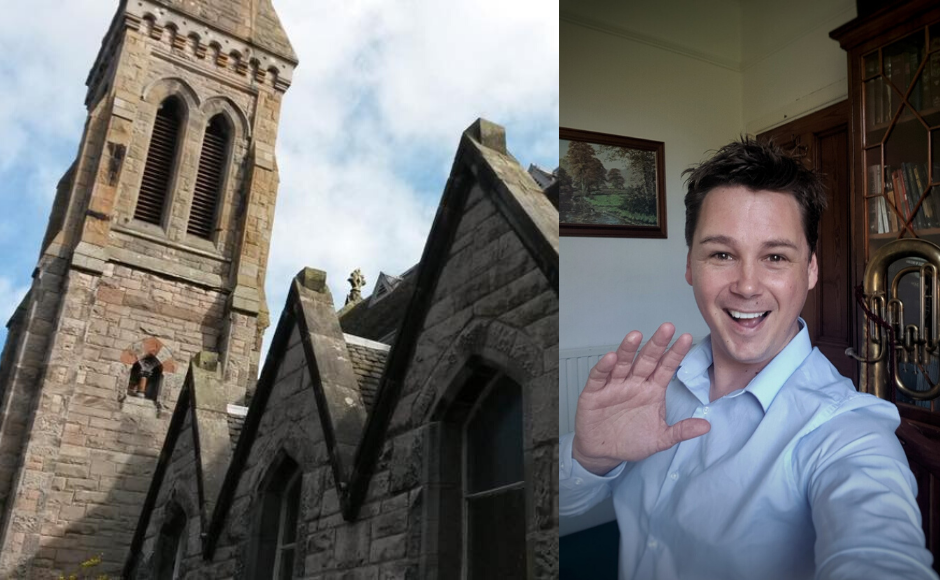 Rev Attie van Wyk beside a photo of Liberton Northfield Church