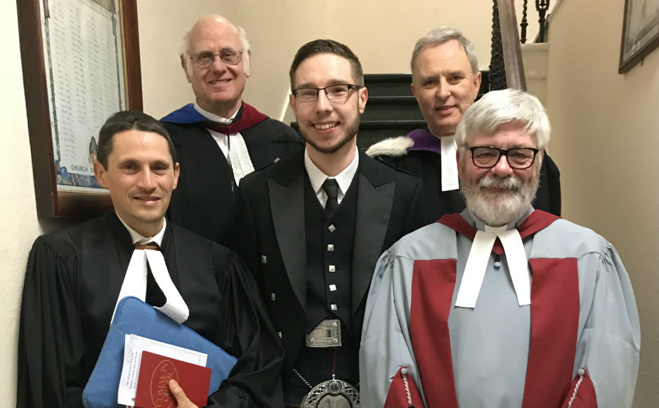 Rev Rodolphe Blanchard-Kowal, Mel Griffiths (Interim Moderator), Rev Andrew Morrison, and Rev Hugh Conkey (Presbytery Clerk), Alan Murray (Presbytery Moderator)