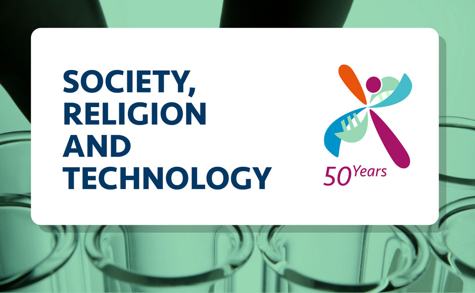Society, Religion, Technology logo over test tubes
