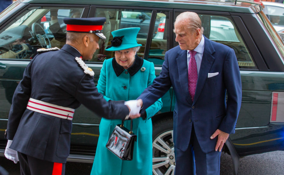 Prince Philip visiting St Columba's Church of Scotland in London in 2015 with HM The Queen 