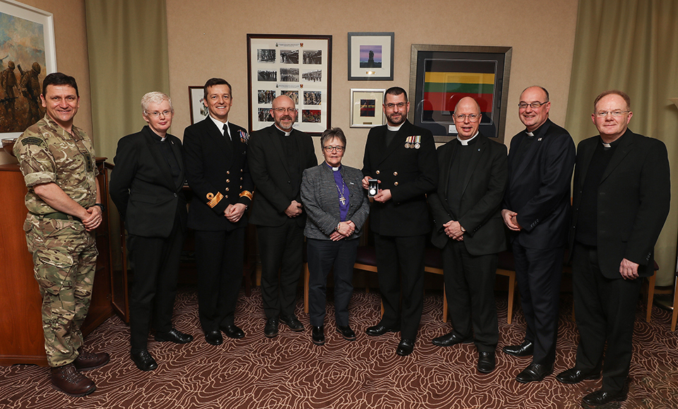 Colonel Tony De Reya, Commanding Officer of 43 Commando Fleet Protection Group Royal Marines; Rev Dr Marjory MacLean; Commodore Donald Doull, Naval Base Commander Clyde; Rev Mark Allsop, Padre to 43 Commando; Rt Rev Susan Brown; Rev Mark Dalton, HMS Neptune Chaplain; Venerable Martyn Gough QHC, Chaplain of the Fleet; Rev Prof Scott Shackleton, Deputy Chaplain of the Fleet; and Father Michael Maloney, Naval Base Roman Catholic Officiating Chaplain to the Military.