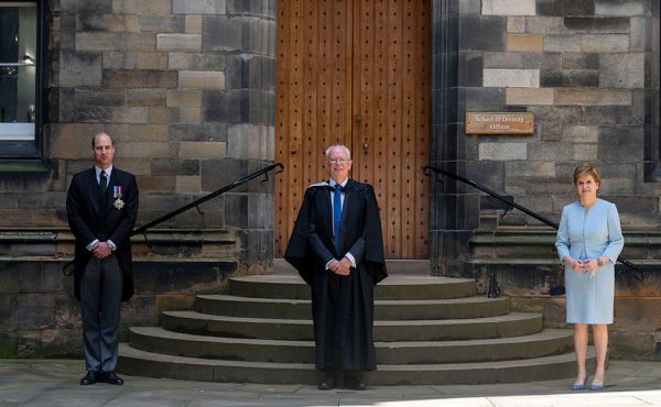 The Moderator, Prince William and First Minister Nicola Sturgeon outside Assembly Hall