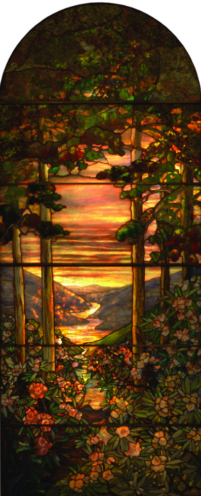 Tiffany window decorated with pastoral scenes