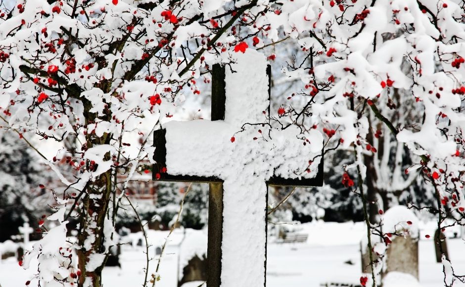 Cross in the snow in the foreground with trees and berries in the background.