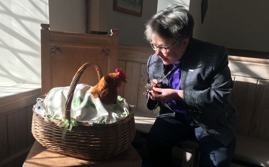 Rt Rev Susan Brown and Henrietta the hen