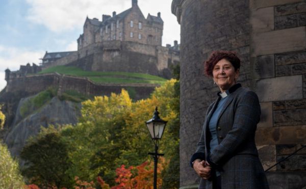 Right Rev Sally Foster-Fulton with the castle in the background