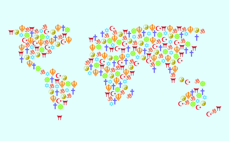 A map of the world designed from religious symbols