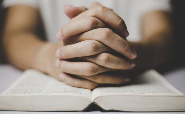 Man's hands praying over a Bible