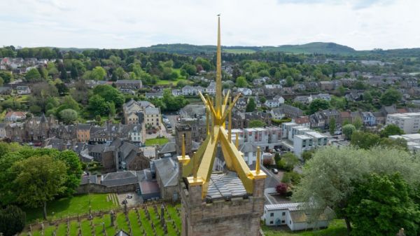 The spire of St Michael's Church, Linlithgow, which has had its golden exterior restored.