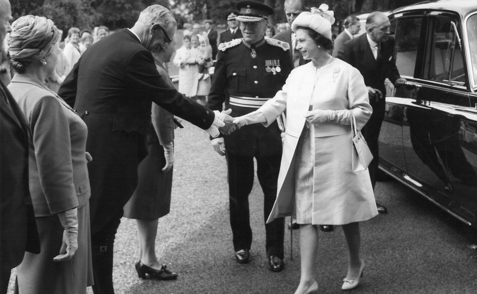 The Queen being received by the Moderator Very Rev Dr James Longmuir in 1968 at the youth training centre at Carberry Tower in Musselburgh