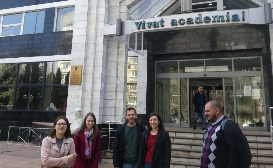 Christian students working with IFES outside the Law Faculty in Odessa just before they took Dr Calvert in to speak to a large gathering about drug abuse and faith.