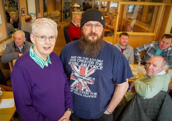 Orkney minister Marjory MacLean joins RAF veteran Simon Brodie at the monthly veterans' breakfast club meeting in Kirkwall.