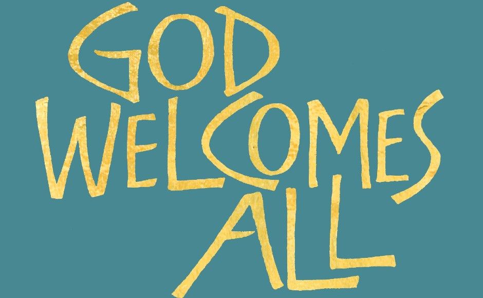 The cover of the new hymnal which has a green background and yellow text which reads, 'God Welcomes All'.