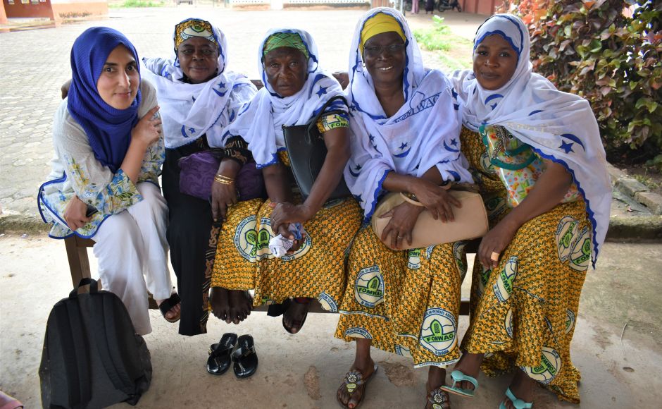 Group member Dr Sahira Dar, left, with women from the Federation of Muslim women association in Ghana (FMWAG) in Wa. Members of FMWAG are involved with the Christian-Muslim dialogue group for the north-west region of Ghana