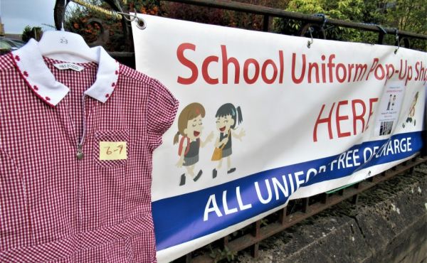 A sign advertising St Margaret's school uniform pop-up shop.