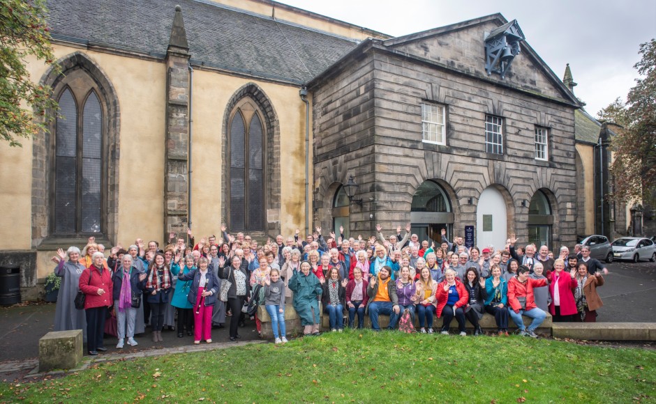 The congregation outside the church